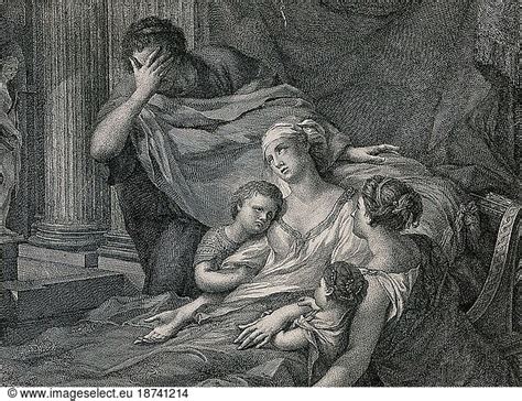 The dying Alcestis is surrounded by her family The dying Alcestis is surrounded by her family ...