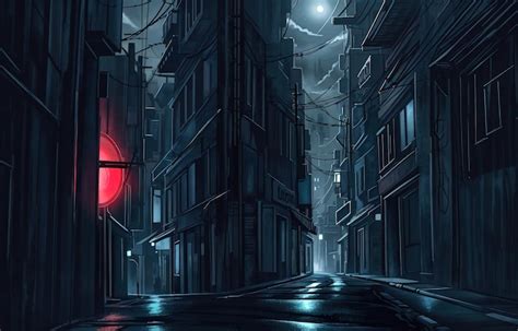 Premium AI Image | anime style a dark street with a dark city and a ...