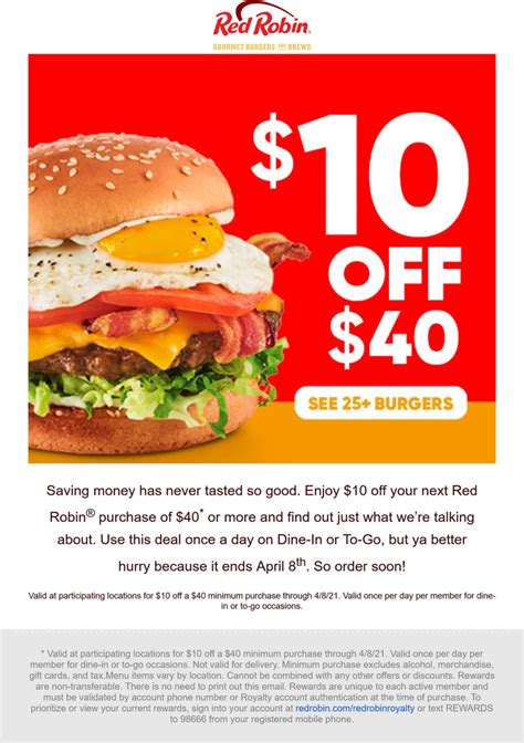 $10 off $40 at Red Robin restaurants #redrobin | The Coupons App®