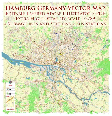 Hamburg Germany Vector Map: Full Extra High Detailed (+ subway lines and stations + all bus ...