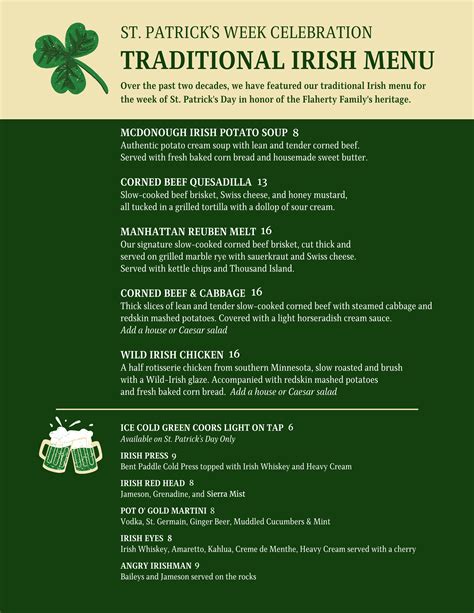 Traditional Irish Menu at Black Woods • Visit Duluth