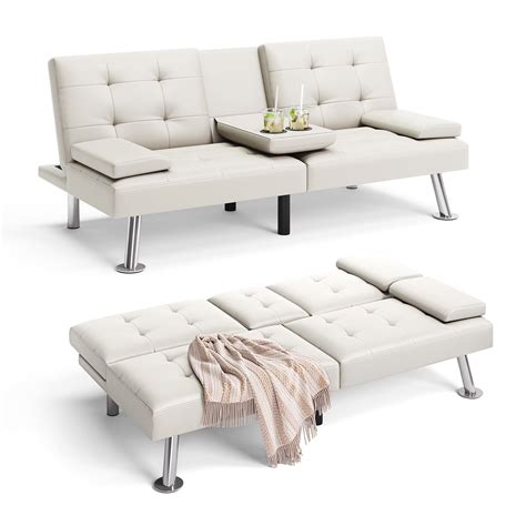 Linsy Home White Convertible Futon Couch, Modern Faux Leather ...