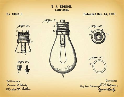 1890 Edison Light Bulb Patent Print - Vers #2 - Wall Art - Thomas Edison Invention - Electric ...