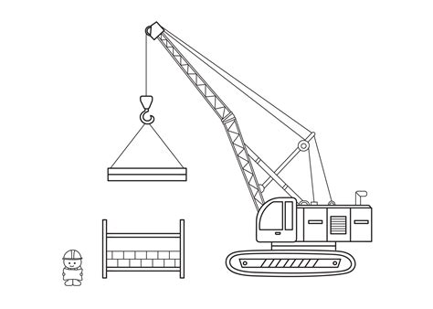 Hand drawn color children construction set crane machine excavator and construction worker ...