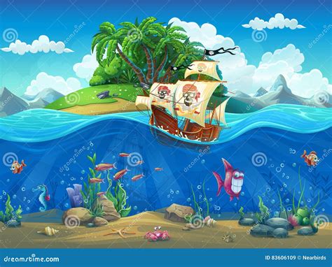 Piirate Ship on Background of Tropical Island Stock Vector ...