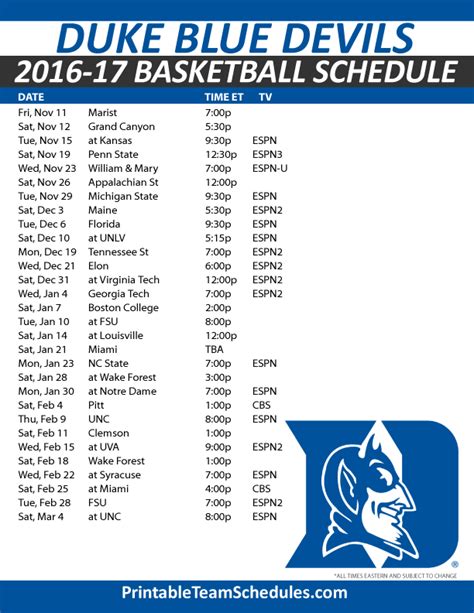 Duke Basketball Printable Schedule - Printable Words Worksheets