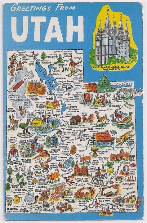 Retro Utah Tourist Map Vintage Postcard Souvenir Mormon Temple Cartoon ...