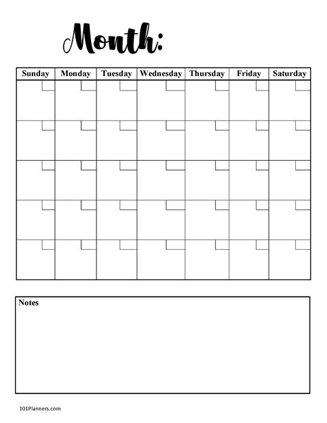 Printable Blank Calendar With Notes