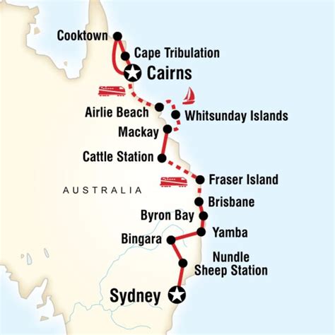 Map of the route for East Coast Encompassed - Sydney to Cairns Fraser Island Australia, Coast ...