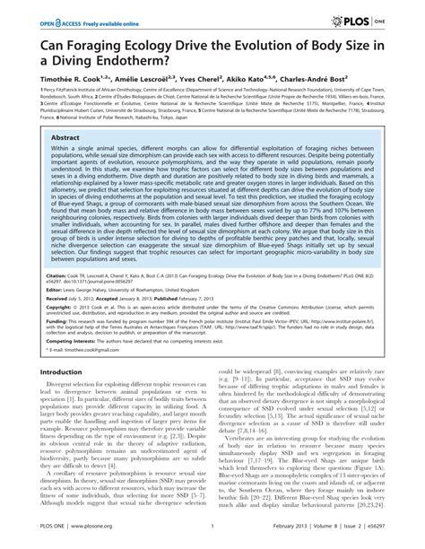 (PDF) Can Foraging Ecology Drive the Evolution of Body Size in a Diving Endotherm?