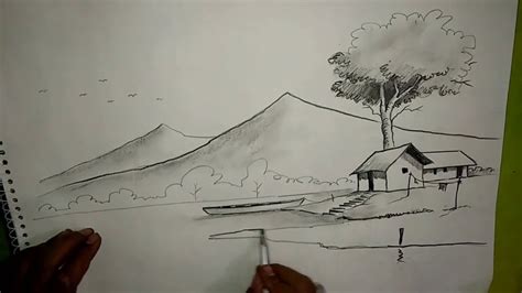 How to draw a simple and easy landscape / scenery with pencil shading ...