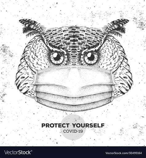 Hand drawing bird owl wearing face medical mask Vector Image