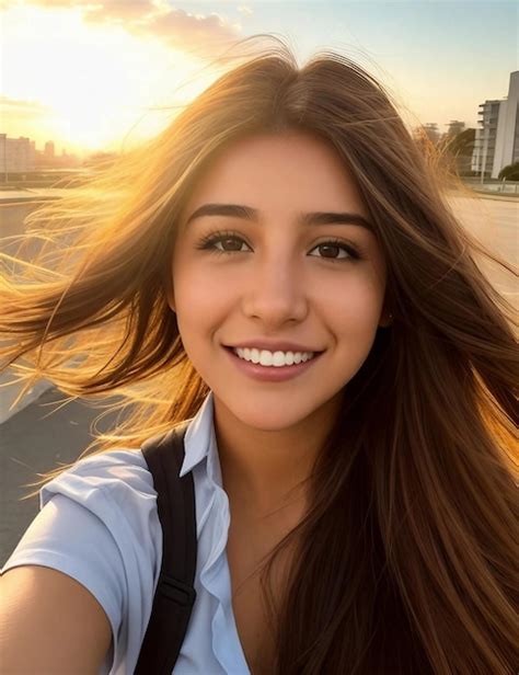 Premium Photo | Latin student girl taking a selfie on the university campus on a windy day sunset