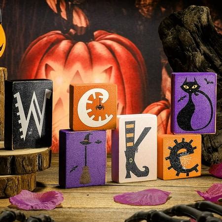 6 Pieces Halloween Wood Table Decor Sign Wicked Halloween Wood Blocks Halloween Witch ...