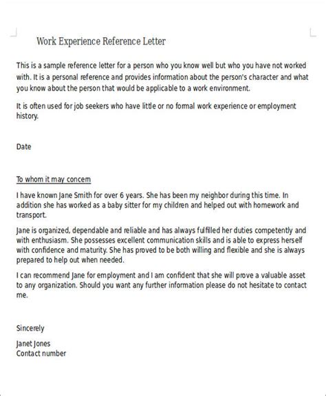 Sample Letter Work Experience