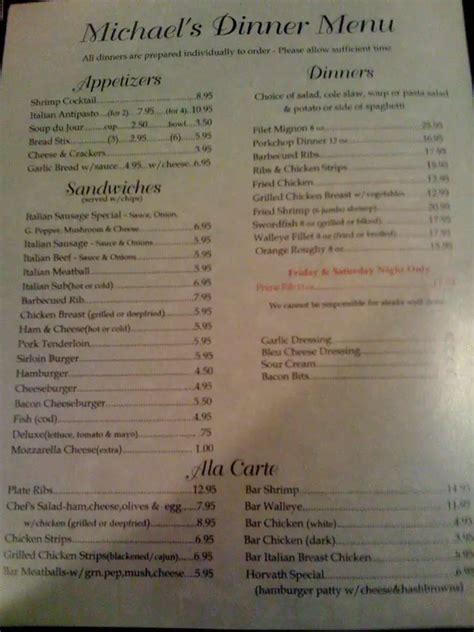 Menu at Michael's restaurant, Elkhart