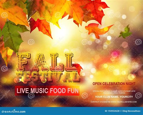 Fall Festival Flyer or Poster Template. Bright Red, Yellow Autumn Leaves on Mesh Background ...