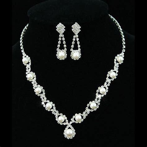 Bridal Wedding Party Quality White Simulated Pearl Crystal Necklace Earrings Set Bridesmaid ...