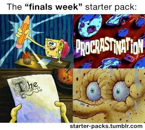 Spongebob finals week starter park | Finals memes, Funny starter packs, Starter pack