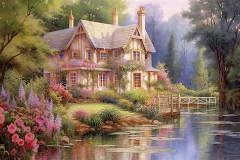 Premium Photo | A painting of a house by the lake