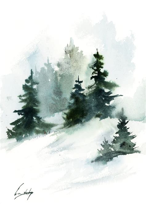 Pine trees landscape painting, Winter landscape original watercolor ...