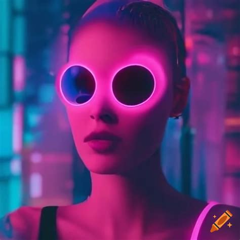 Neon-lit futuristic city with women