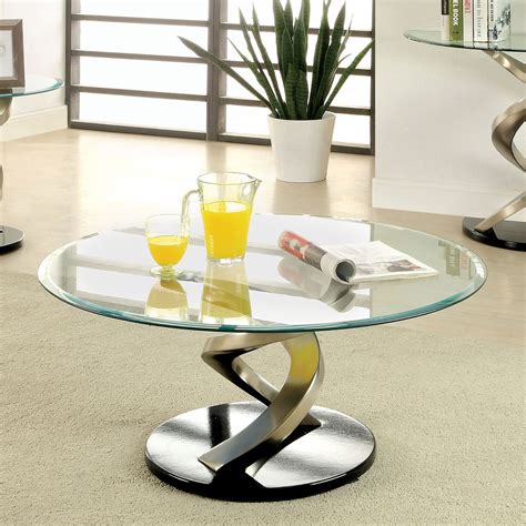 Coffee Table with Twisted Metal Base and Round Glass Top, Silver and ...