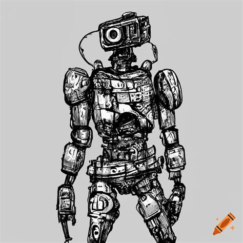 Black ink drawing of a post-apocalyptic standing robot on Craiyon