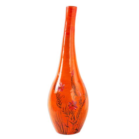 Tall Orange Ceramic Decorative Vases from Mexico (Pair) - Blossoms at Sunrise | NOVICA