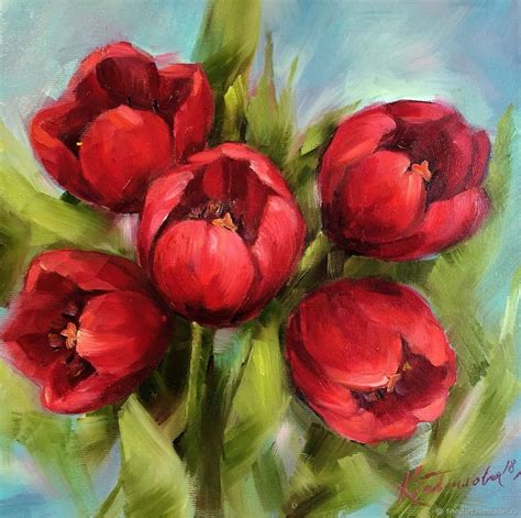 Oil painting red Tulips painting – shop online on Livemaster with ...