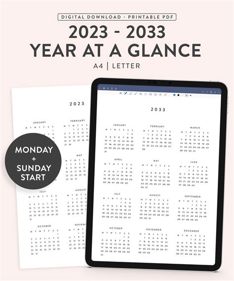 Printable 2023-2033 Yearly Calendars 2023-2033 Year Calendars, Annual ...