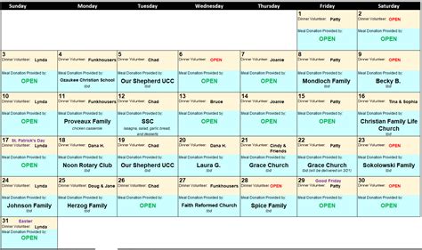 EL Volunteer Calendar - Sheboygan Salvation Army