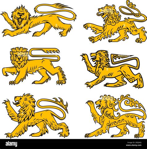 Lion heraldic animal isolated icon set. Golden lion passant profile ...