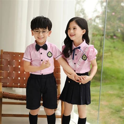 Kids Neutral Pink Striped School Uniform Boys Girls Summer Skirt Shirts ...