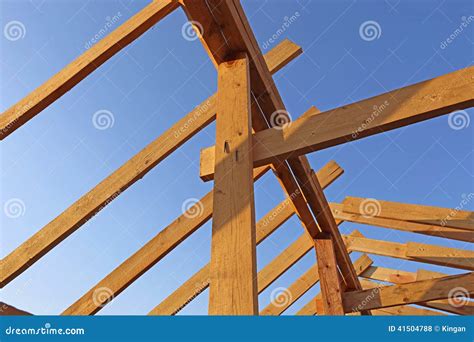 Installation of Wooden Beams at Construction Stock Photo - Image of ...