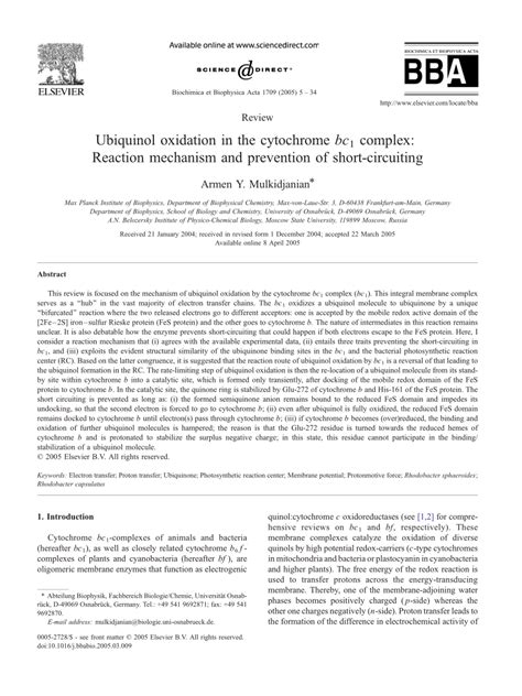 (PDF) Ubiquinol oxidation in the cytochrome bc1 complex: Reaction ...