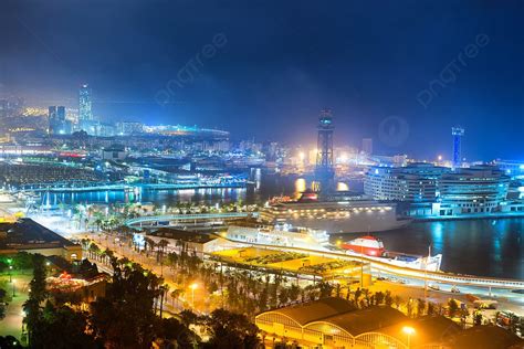 City Of Barcelona At Night View On Port And Cityscape With Blue Dark Sky Background And Picture ...