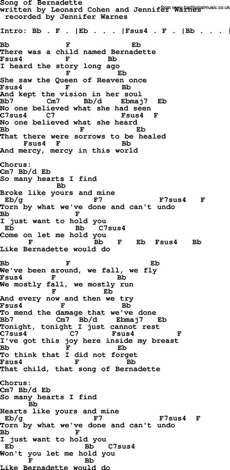 Leonard Cohen song: Song Of Bernadette, lyrics and chords