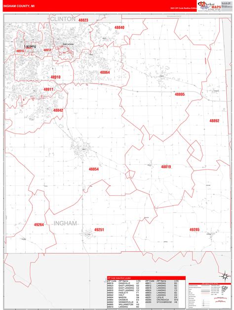 Ingham County, MI Zip Code Wall Map Red Line Style by MarketMAPS ...