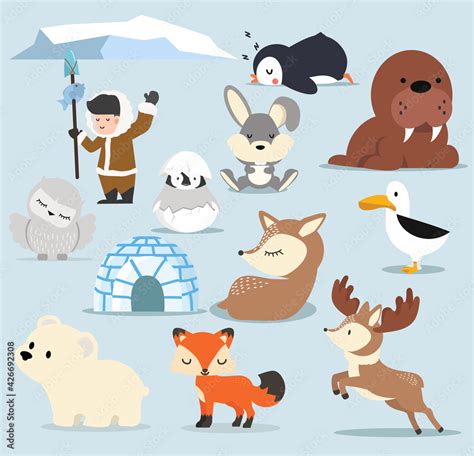 Cute Arctic flat design Cartoon characters set Stock Vector | Adobe Stock