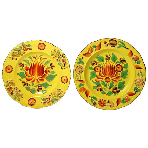 Two Canary Yellow Pottery Plates with Bright Enamels, Probably Staffordshire | From a unique ...