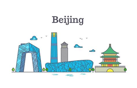 Vector cityscape of china Beijing city landmarks. Color Beijing skylin ...