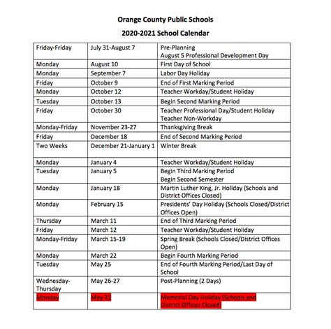 Orange County Public Schools Calendar 2020-2021