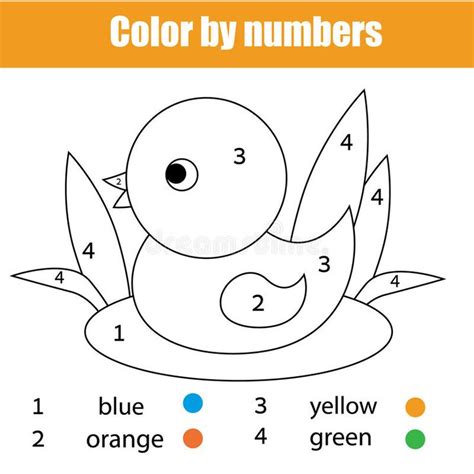 Coloring page with duck bird. Color by numbers educational children game, drawing kids ac ...