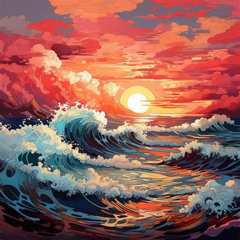 Premium Photo | Sunset of waves on the ocean oil painting