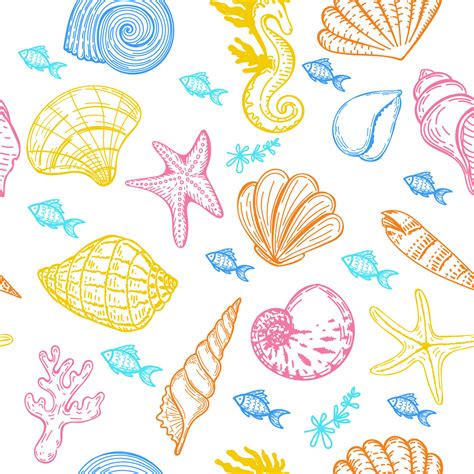 Seamless background with sea creatures, hand-drawn in sketch style. Shells, seaweed and small ...