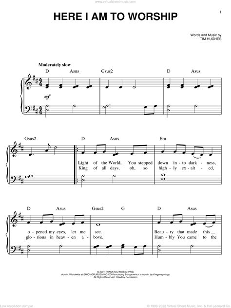 Dean - Here I Am To Worship, (easy) sheet music for piano solo