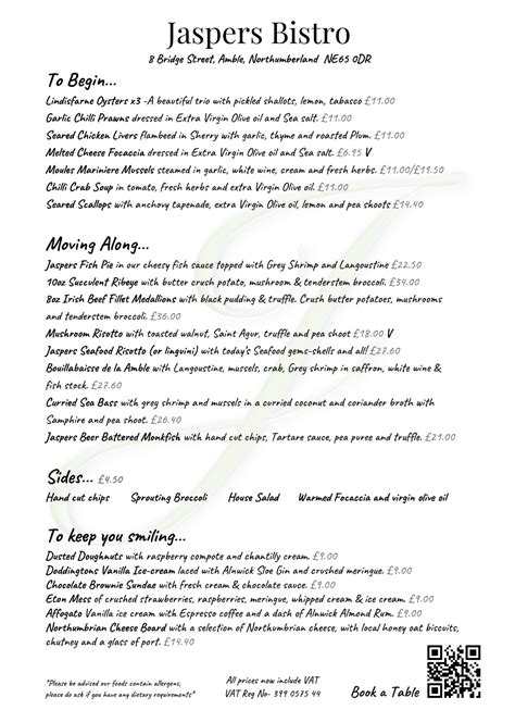 Menu at JASPERS BISTRO restaurant, Amble