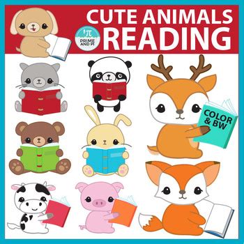 Reading Clip Art: Cute animals reading books by Prime and Pi | TpT