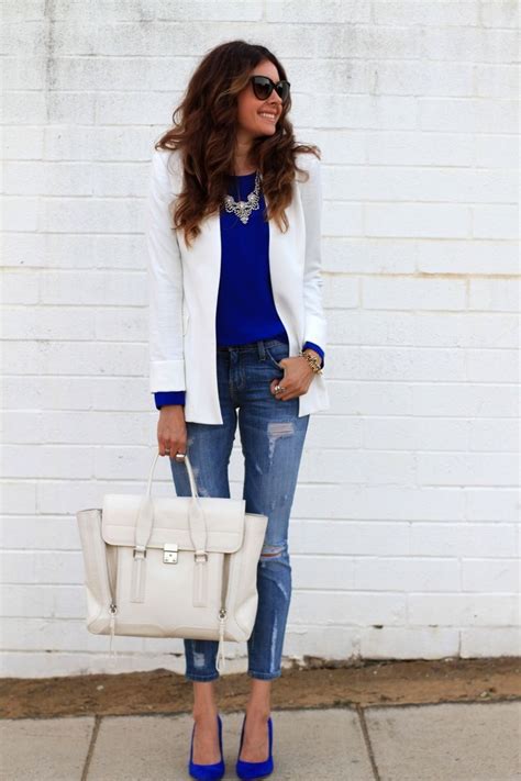 White and blue | Style, Womens fashion, Blazer outfits